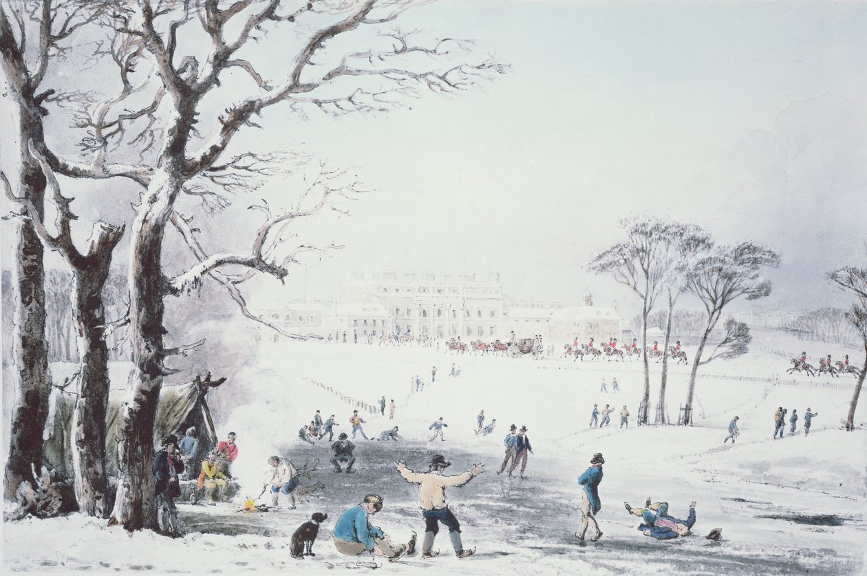 Widok na Buckingham House i St James Park zimą, wyd. przez R. Havell und Sons, 1810 autorstwa John Burnet