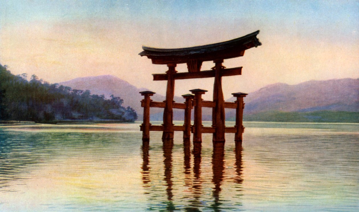 Torii z ramienia Itsukushima, członek posła Miyajima, lekarz san d, Japonia, ok. 1930 r. autorstwa John Bushby
