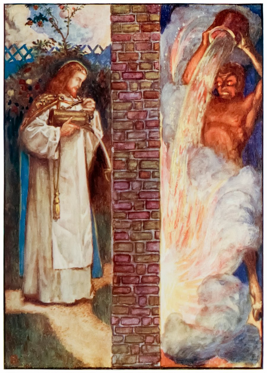 Chrystus i Diabeł z filmu Pielgrzymi wędrują z tego świata do tego, który ma nadejść John Bunyan (1628-1688) Ilustracja Byama Shawa (1872-1919) przedstawiająca ogień w ścianie. Diabeł próbuje autorstwa John Byam Liston Shaw