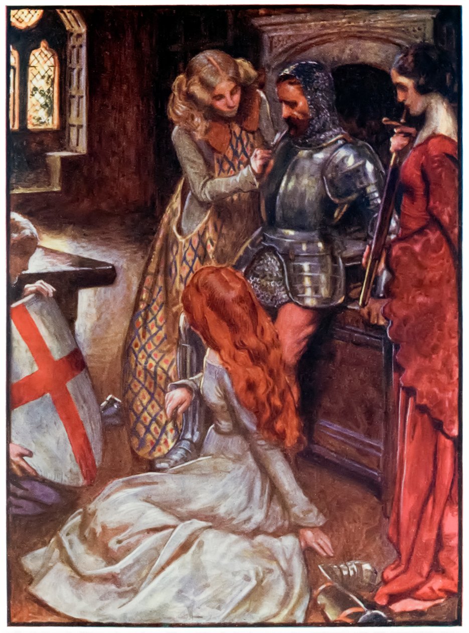Chrześcijanin uzbrojony z The Pielgrzymki Postęp z tego świata, do tego, co ma nadejść autorstwa Johna Bunyana (1628-1688) Ilustracja Byama Shawa (1872-1919), Christian w zbrojowni w Pałacu Piękne b autorstwa John Byam Liston Shaw