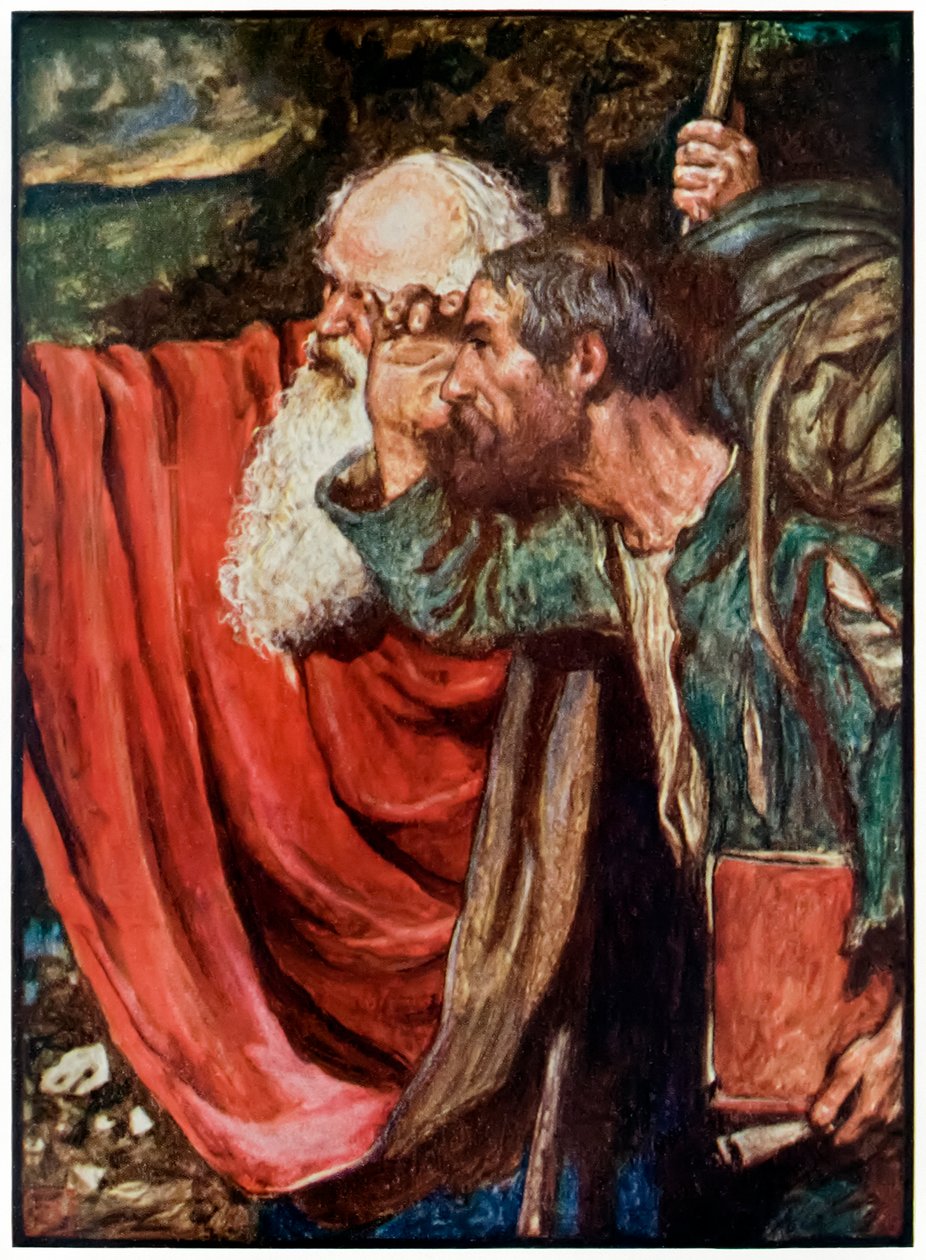 Ewangelista wskazuje drogę do Furtki z The Pilgrims Progress From This World, To That What Is To Come autorstwa Johna Bunyana (1628-1688) Ilustracja Byama Shawa (1872-1919) przedstawiająca Evangelis autorstwa John Byam Liston Shaw