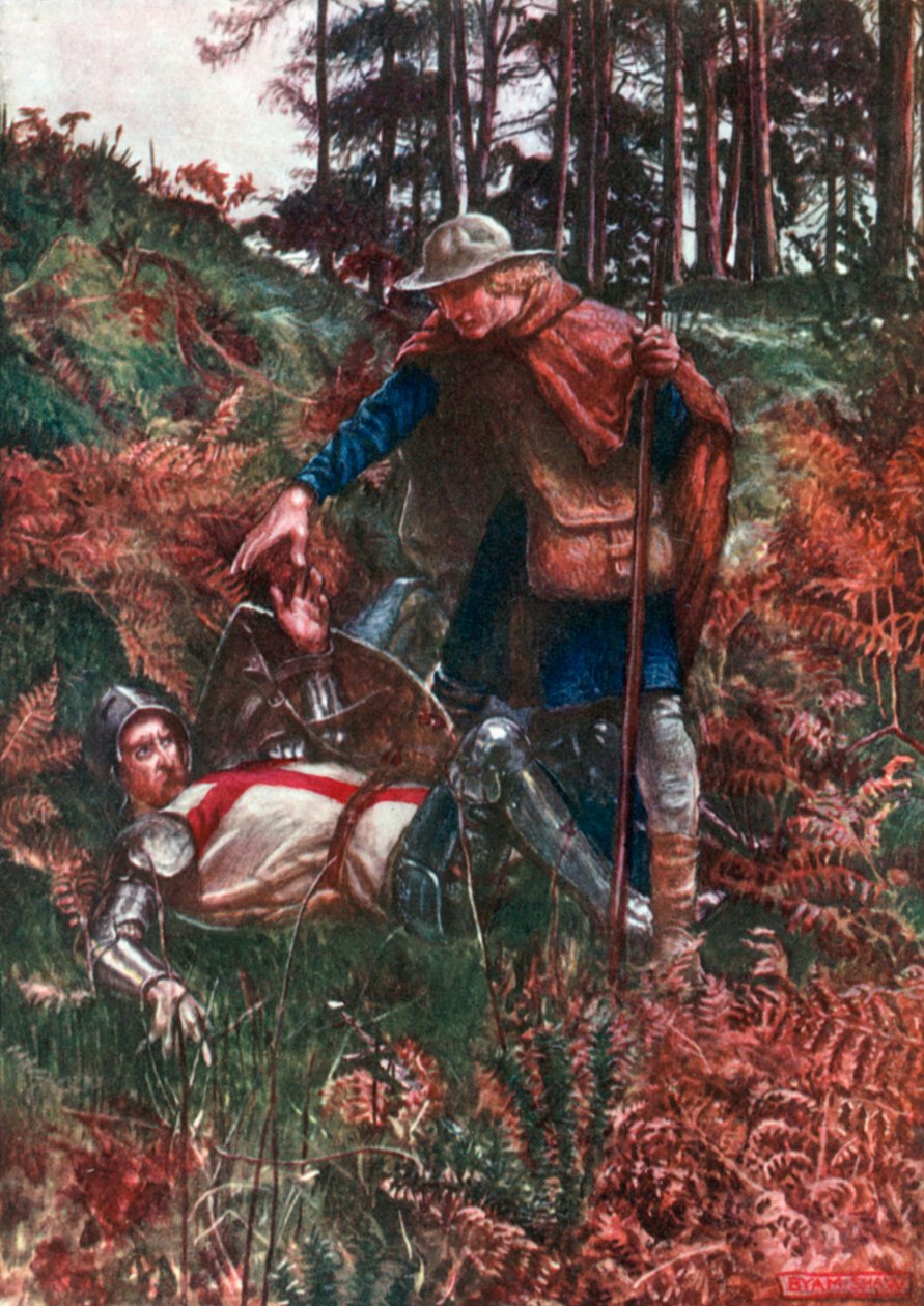 Wierny pomaga chrześcijaninowi podnieść się po upadku (kolorowa litografia) autorstwa John Byam Liston Shaw