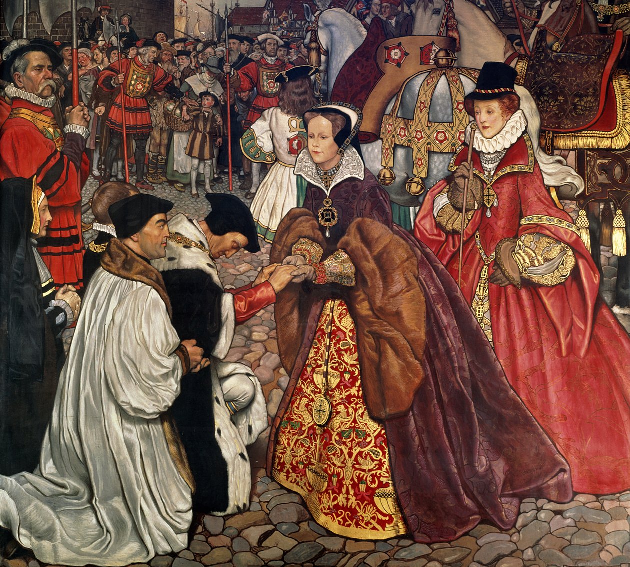 Królowa Maria (1516-58) i księżniczka Elżbieta (1533-1603) wjeżdżają do Londynu, 1553, 1910 autorstwa John Byam Liston Shaw