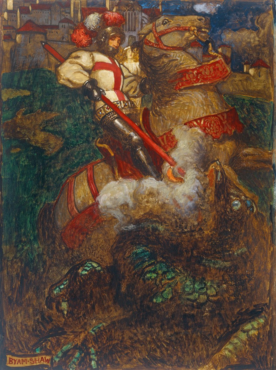 Św. Jerzy zabijający smoka, 1908 autorstwa John Byam Liston Shaw
