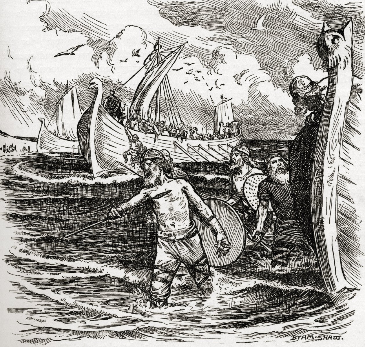 Lądowanie jutów na wyspie Thanet, Kent, Anglia, 449 r., z książki „Kościół anglikański: historia dla ludu”, wydanej ok. 1910 r. autorstwa John Byam Liston Shaw