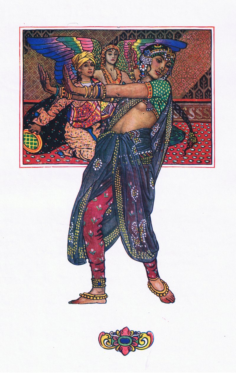 Tańcząca dziewczyna w świątyni, ilustracja z Ogrodu Kama (i inne teksty z Indii), 1920 autorstwa John Byam Liston Shaw