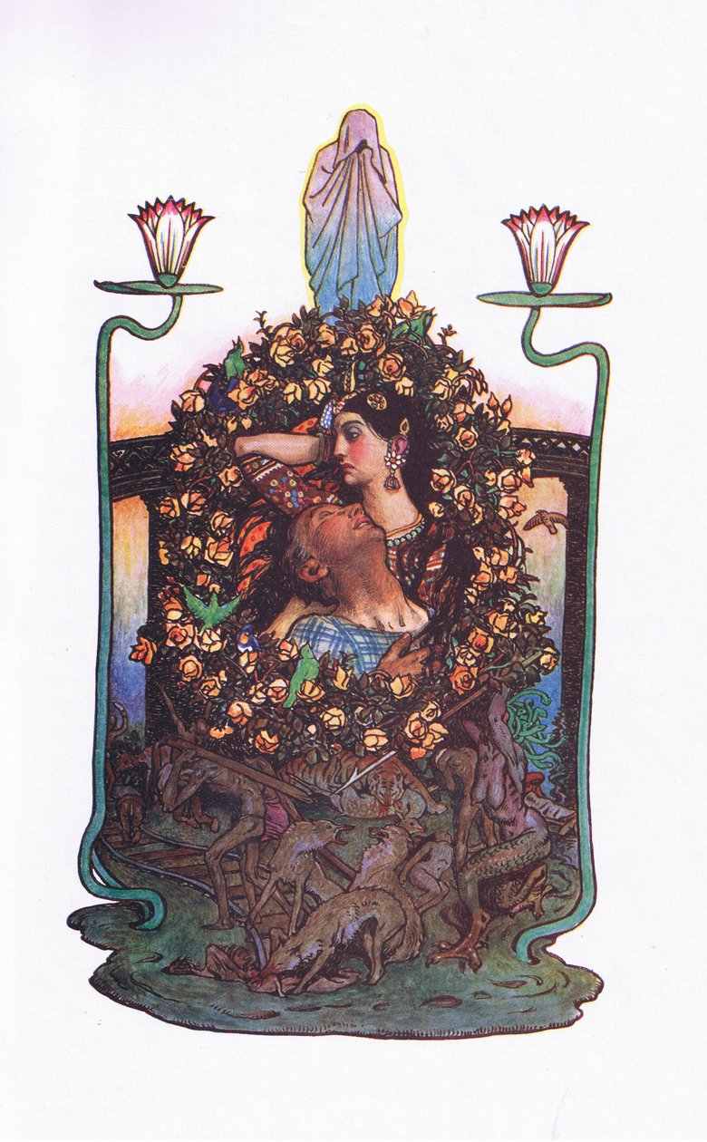 Ogród przy moście, ilustracja z Ogrodu Kama (i inne teksty z Indii), 1920 autorstwa John Byam Liston Shaw