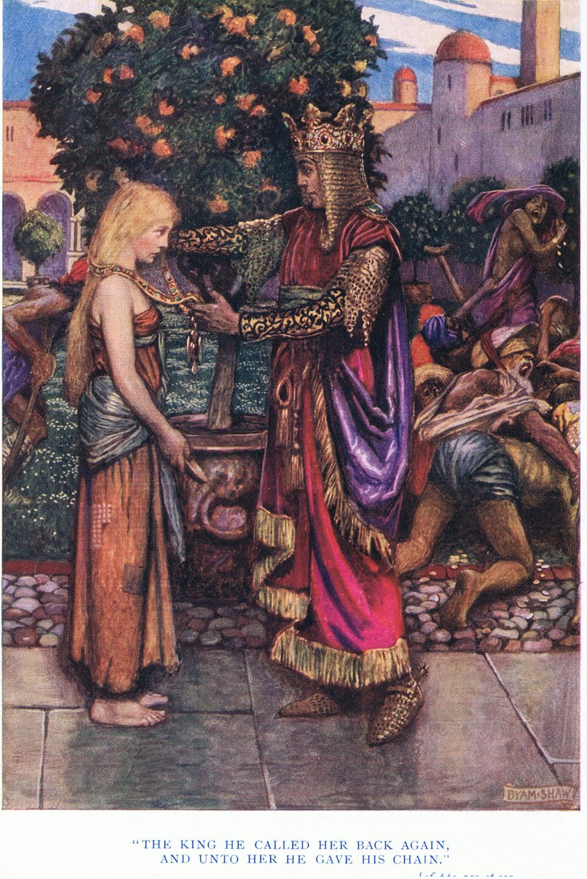 Król przywołał ją z powrotem i dał jej swój łańcuch, 1928 autorstwa John Byam Liston Shaw
