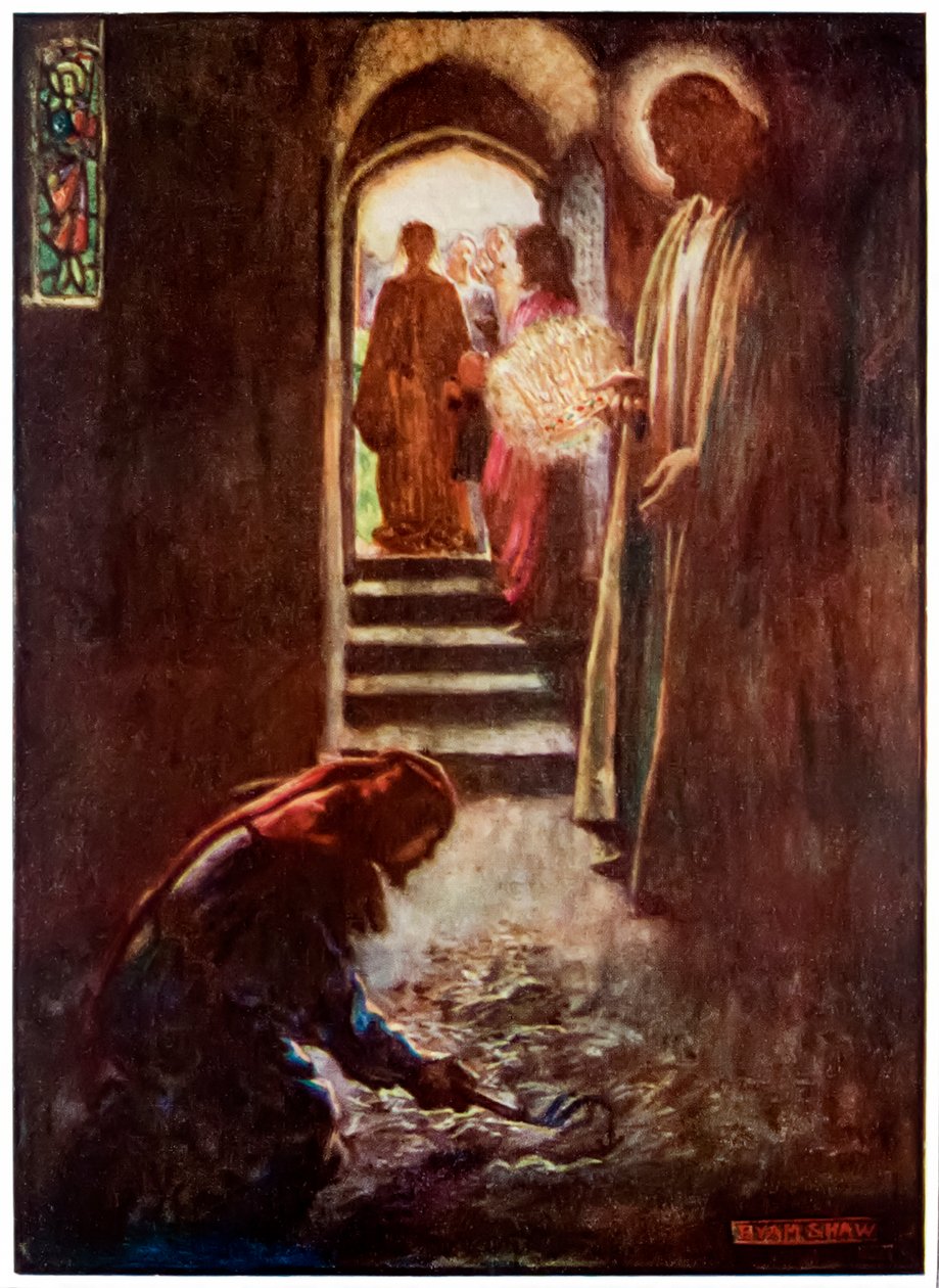 Człowiek z grabiami z filmu „Wędrówka pielgrzymów z tego świata, do tego, co ma nadejść” Johna Bunyana (1628-1688) Ilustracja Byama Shawa (1872-1919), W Domu Tłumaczy mężczyzna może autorstwa John Byam Liston Shaw