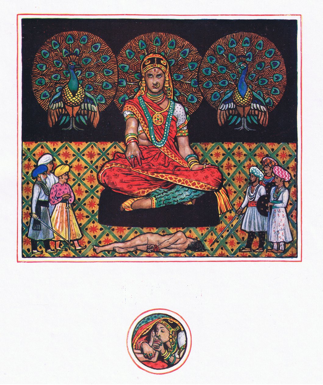 Żal Ranee w sali pawich, ilustracja z Ogrodu Kama (i inne teksty z Indii), 1920 autorstwa John Byam Liston Shaw