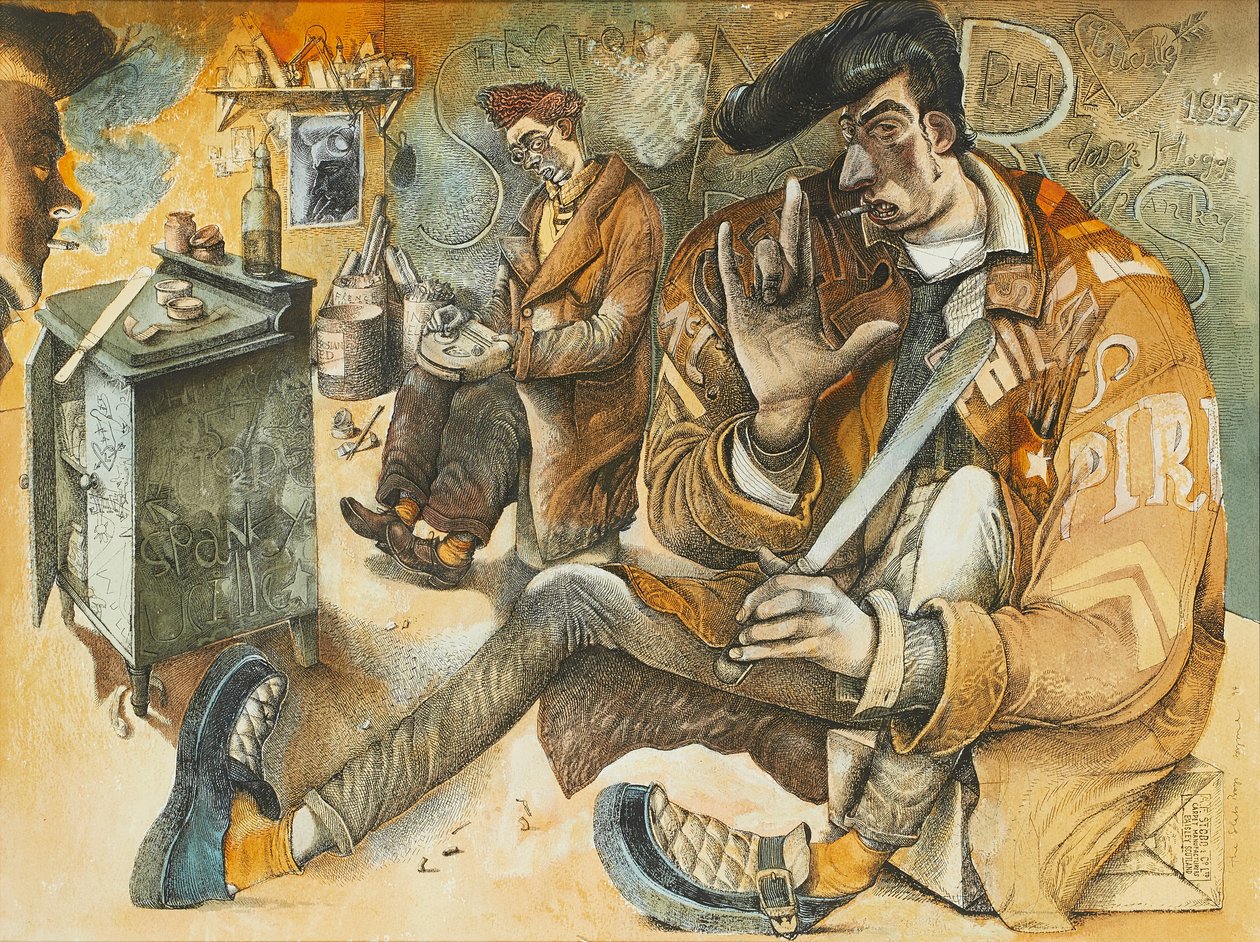 The Slab Boys (pióro i tusz oraz akwarela) autorstwa John Byrne