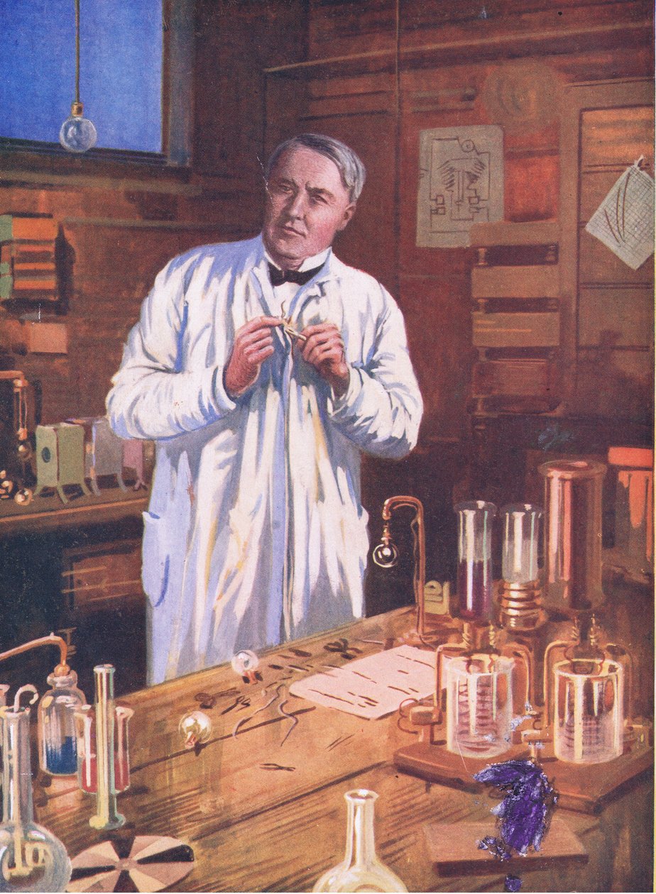 Edison: Czarodziej wynalazków, ilustracja z Romance of Famous Lives Cassella, ok. 1940 (kolor lito) autorstwa John Cameron