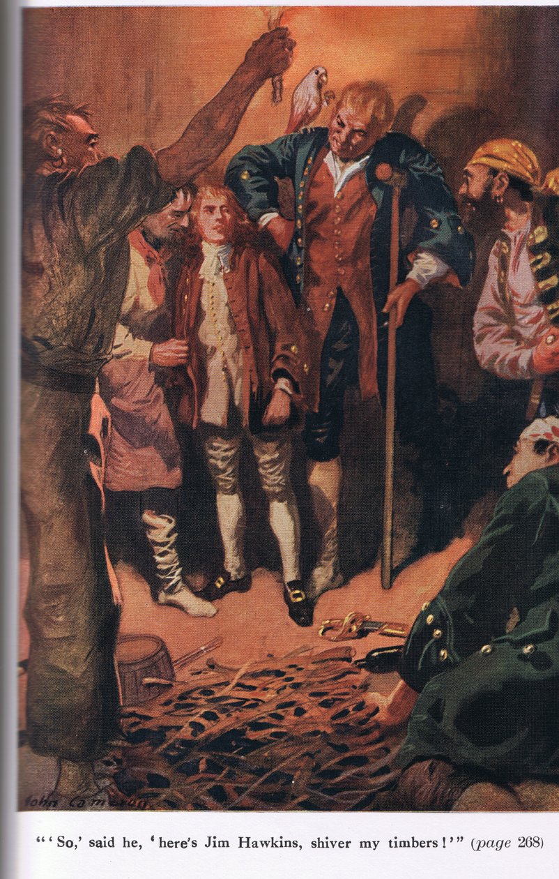 Więc powiedział: Oto Jim Hawkins, drżyjcie, ilustracja z "Wyspy skarbów" Roberta Louisa Stevensona. autorstwa John Cameron