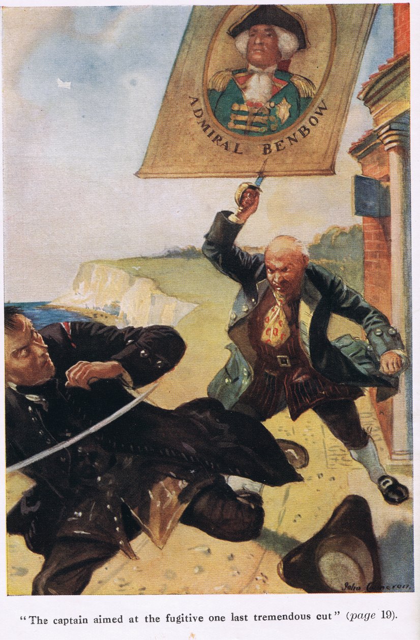 Kapitan wycelował w uciekiniera na ostatnim niesamowitym cięciu, ilustracja z „Wyspa skarbów” Roberta Louisa Stevensona autorstwa John Cameron