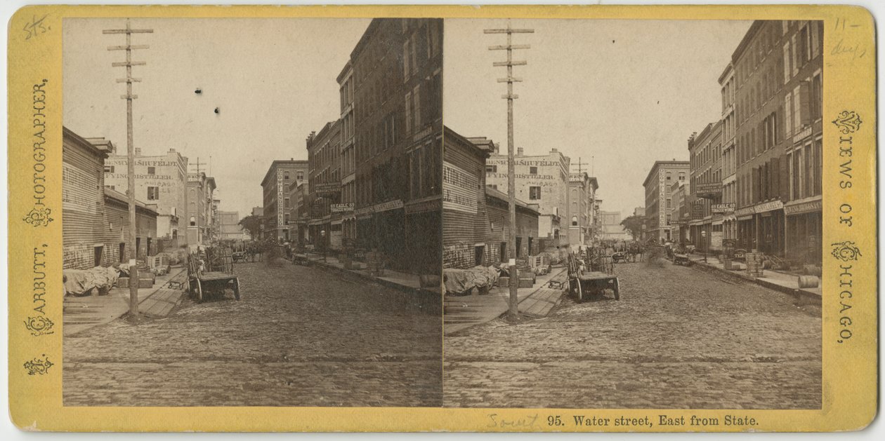 Stereograf przedstawiający widok Water Street na wschód od State Street, Chicago, ok. 1870 r. autorstwa John Carbutt