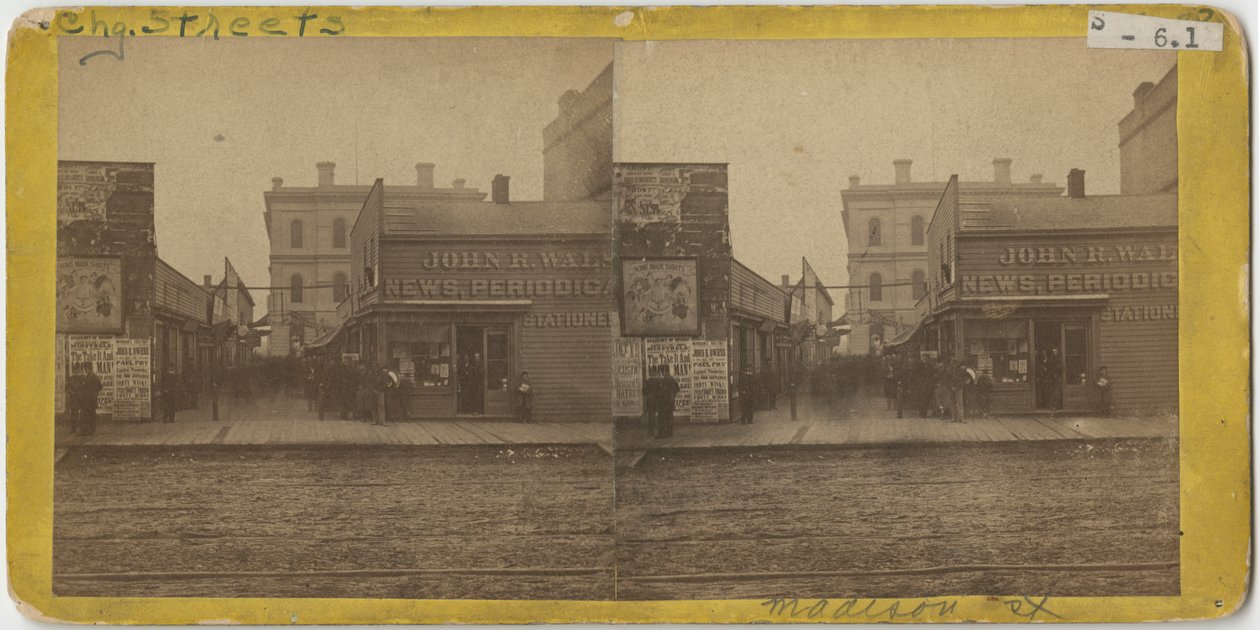 Widok sklepu John R. Walsh Periodicals na Madison Street w Chicago z Urzędem Pocztowym w tle, 1869 autorstwa John Carbutt
