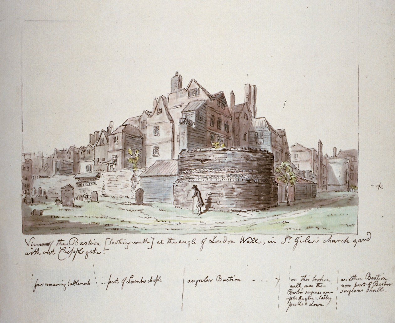 Bastion pod kątem muru londyńskiego, St Giles bez cmentarza Cripplegate, City of London, 1779 autorstwa John Carter