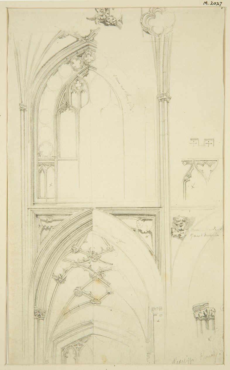 Szczegóły maswerku okna Clerestory i sklepienia nawy bocznej poniżej, w St Mary Redcliffe (ołówek i akwarela na papierze) autorstwa John Carter