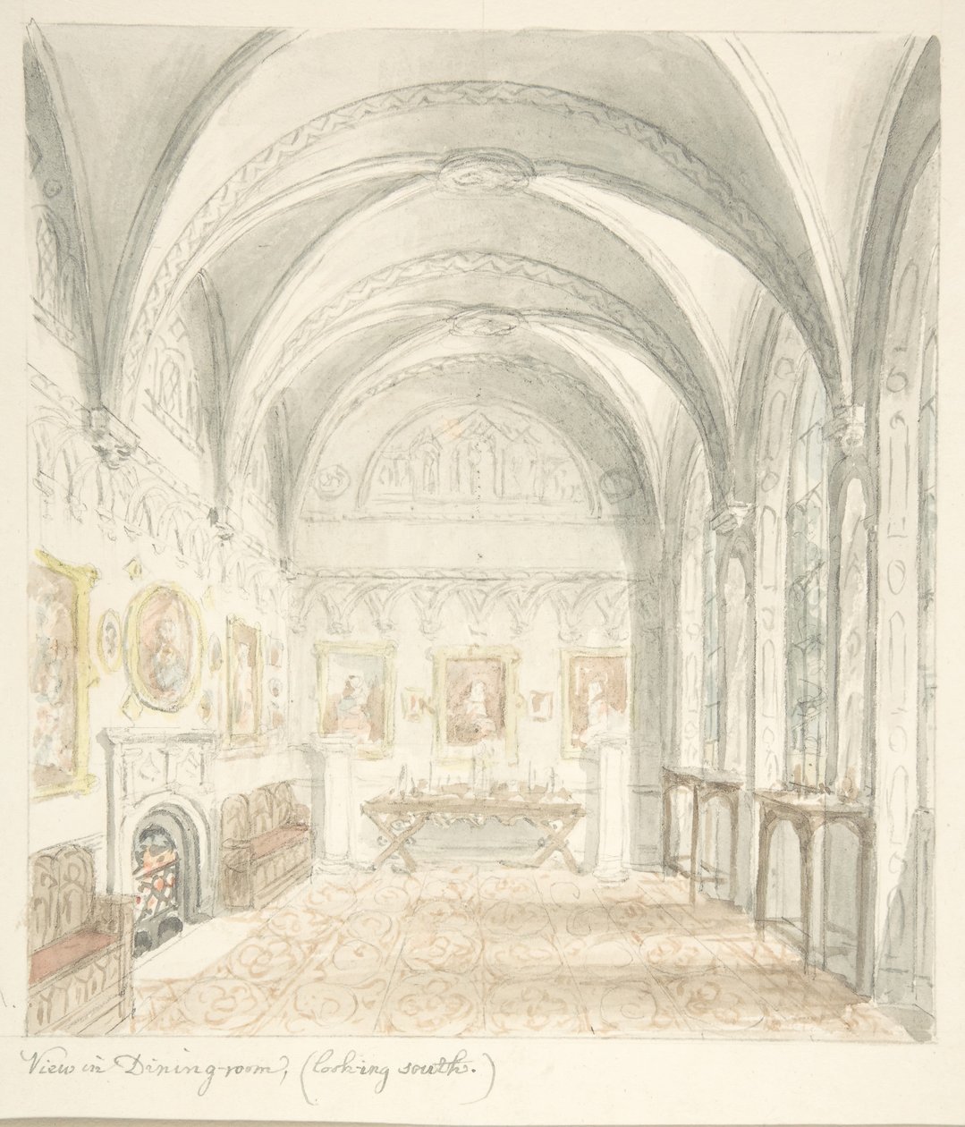 Zamek Lea, Worcestershire, Jadalnia od strony południowej, ca. 1816. autorstwa John Carter.
