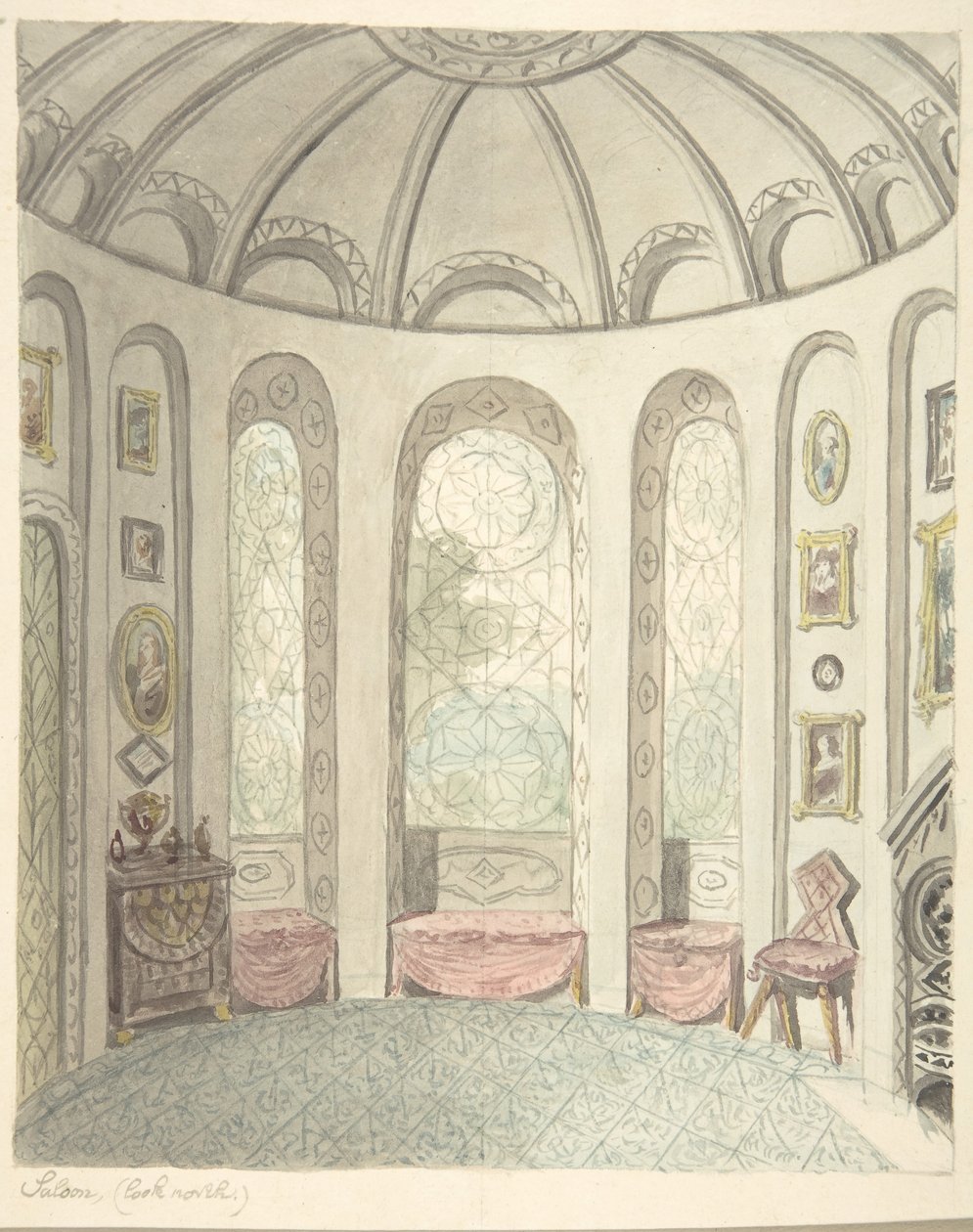 Zamek Lea, Worcestershire, Saloon, Patrząc na północ, ca. 1816. autorstwa John Carter.