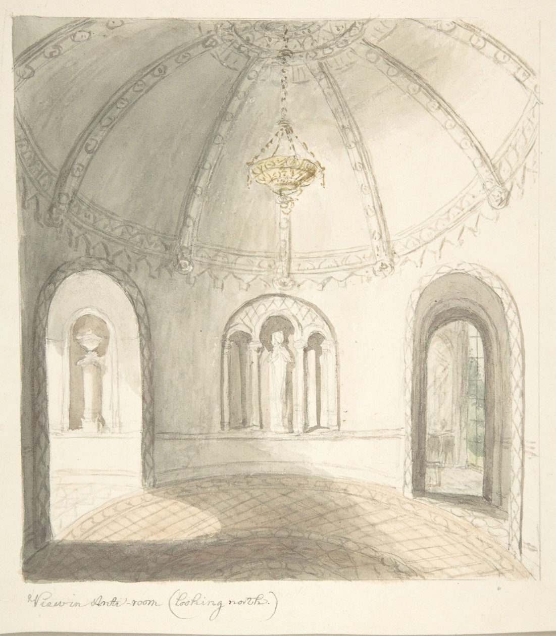 Zamek Lea, Worcestershire, Widok w przedpokoju, patrząc na północ, ca. 1816. autorstwa John Carter.