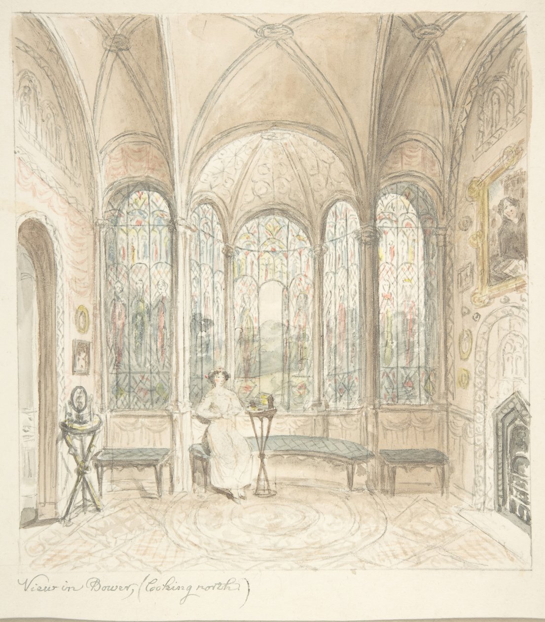 Zamek Lea, Worcestershire, Widok w Bower, patrząc na północ, ca. 1816. autorstwa John Carter.