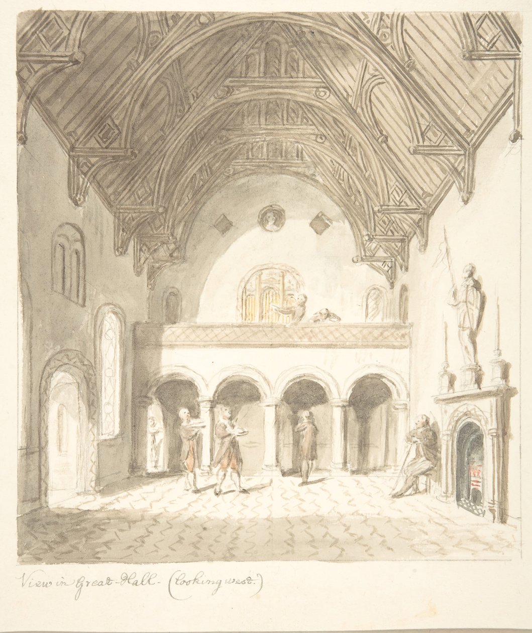 Zamek Lea, Worcestershire, Widok w Wielkiej Sali, patrząc na zachód, ca. 1816. autorstwa John Carter.