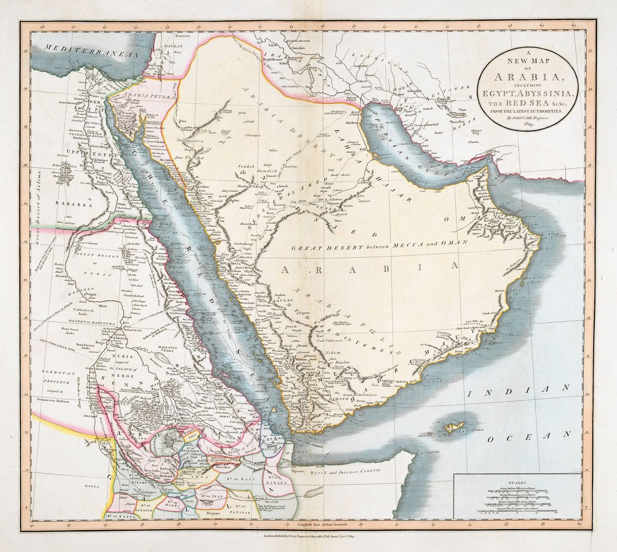 A New Map of Arabia, including Egypt, Abyssinia, the Red Sea amp; c. amp; c. from the latest Authorities. autorstwa John Cary