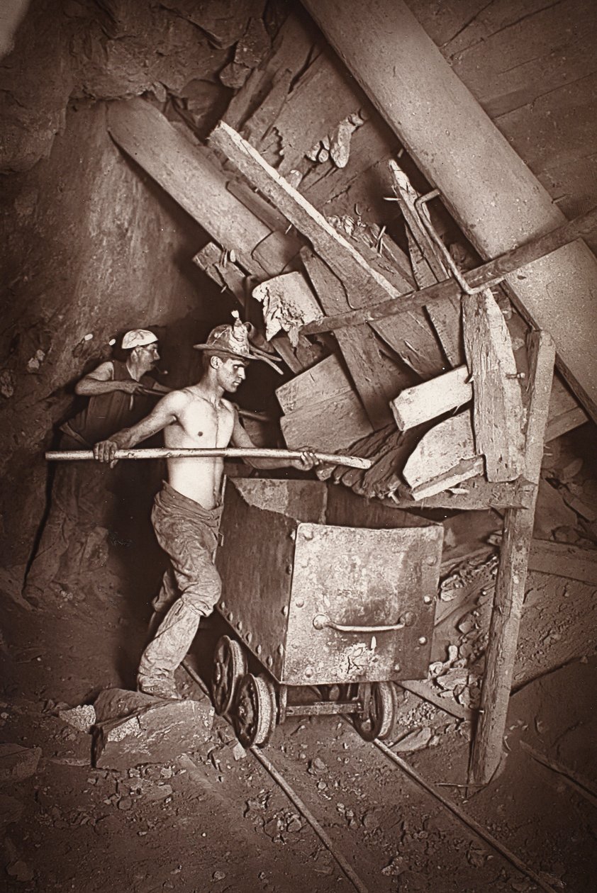 Młyn w kopalni 412, Dolcoath, ilustracja z „Mongst mines and miners, czyli Underground Scenes by Flash-Light” J.C. Burrowsa i Williama Thomasa, wyd. 1893 (zdjęcie w sepii) autorstwa John Charles Burrow