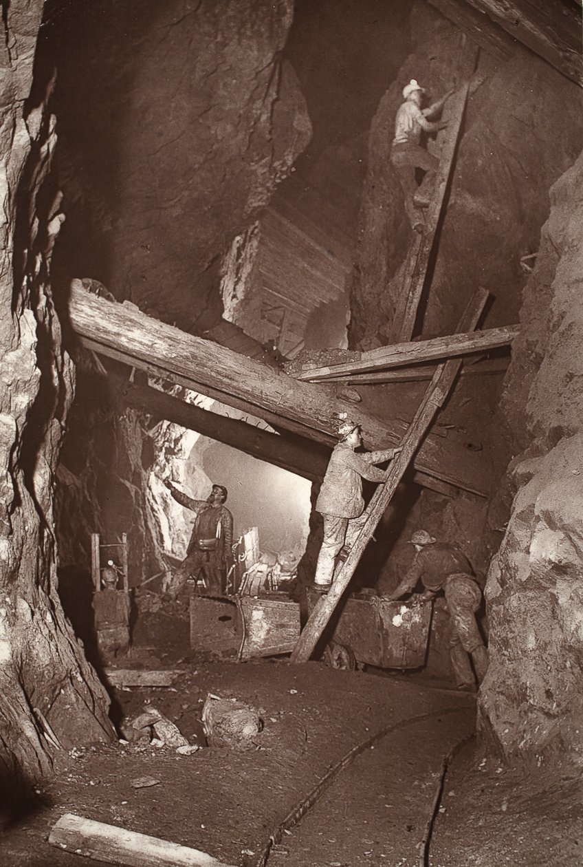 180 w kopalni East Pool, ilustracja z „Mongst mines and miners, czyli Underground Scenes by Flash-Light” J.C. Burrowsa i Williama Thomasa, wyd. 1893 (zdjęcie w sepii) autorstwa John Charles Burrow