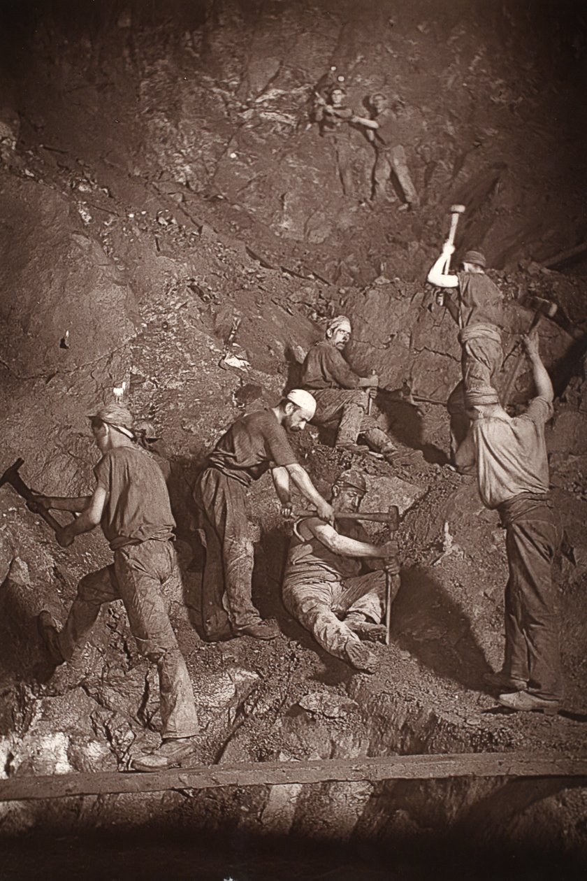 Underhand Stoping, kopalnia East Pool, ilustracja z „Mongst Mins and Miners, czyli Underground Scenes by Flash-Light” J.C. Burrowsa i Williama Thomasa, pub. 1893 (zdjęcie w sepii) autorstwa John Charles Burrow