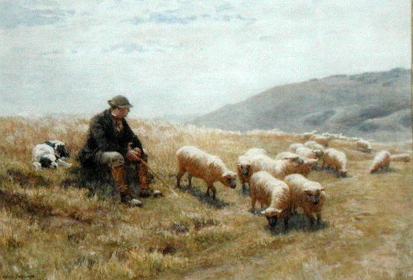 Pasterz na South Downs, ok. 1900 (akwarela na papierze) autorstwa John Charles Dollman