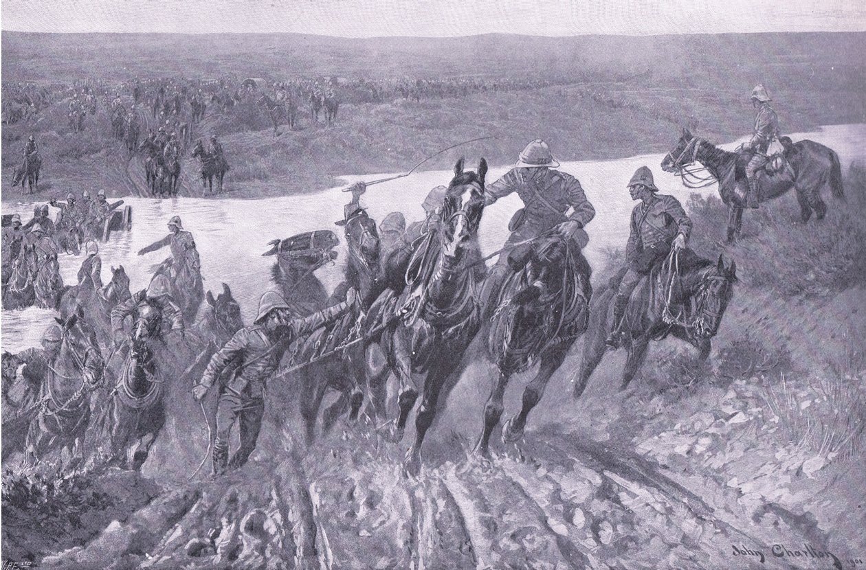 Artyleria fordująca kaledon w Kareepoort Drift, ilustracja z filmu After Pretoria: The Guerilla War, 1902 autorstwa John Charlton