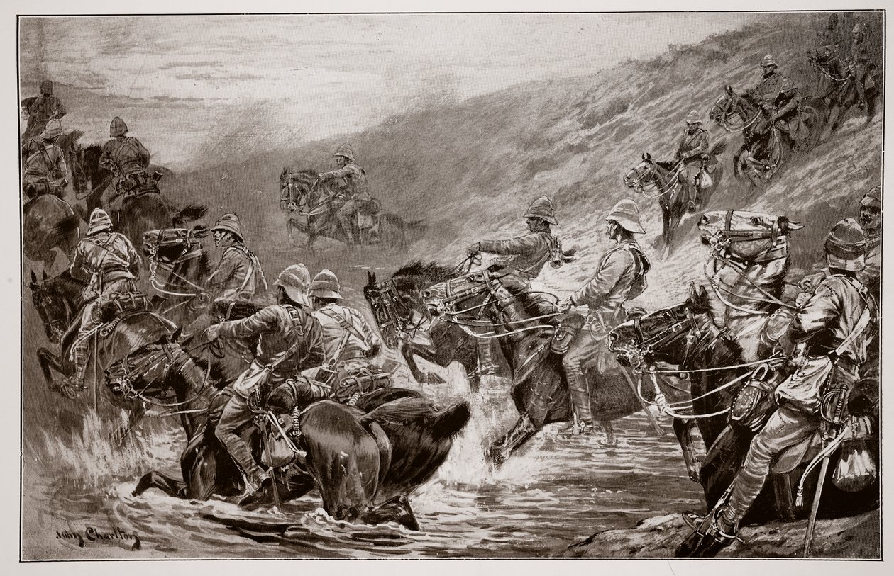 The Dash for Kimberley - 10th Hussars Crossing Klip Drift, według szkicu G.D. Gilesa (fl.1890) autorstwa John Charlton