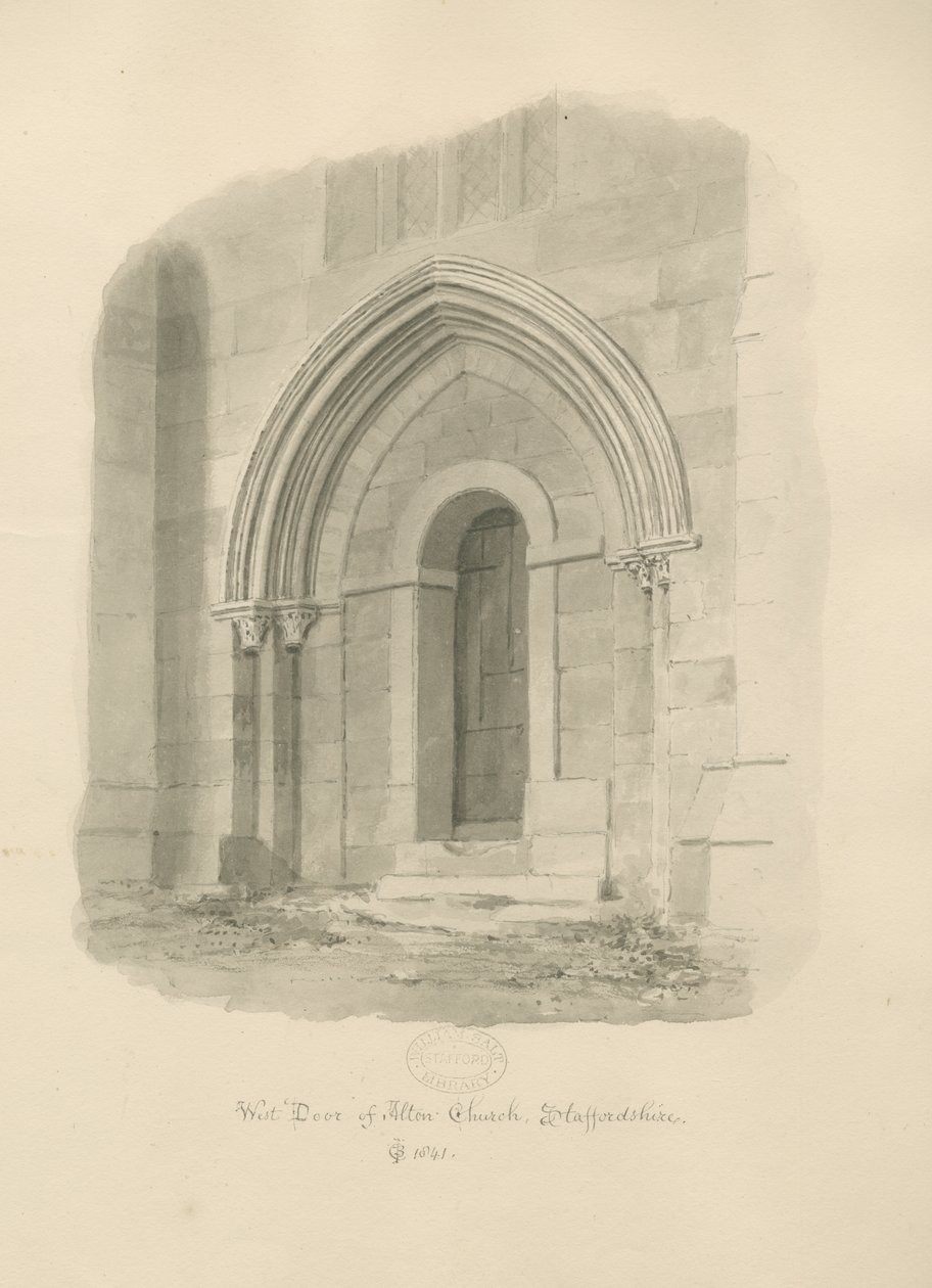 Alton Church - West Door: rysunek w sepii autorstwa John Chessell Buckler