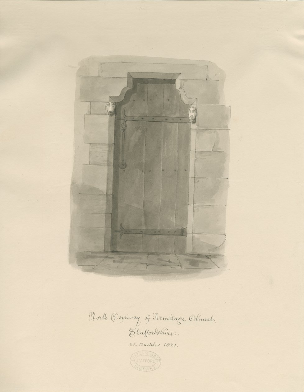 Kościół Armitage - North Doorway: rysunek w sepii autorstwa John Chessell Buckler