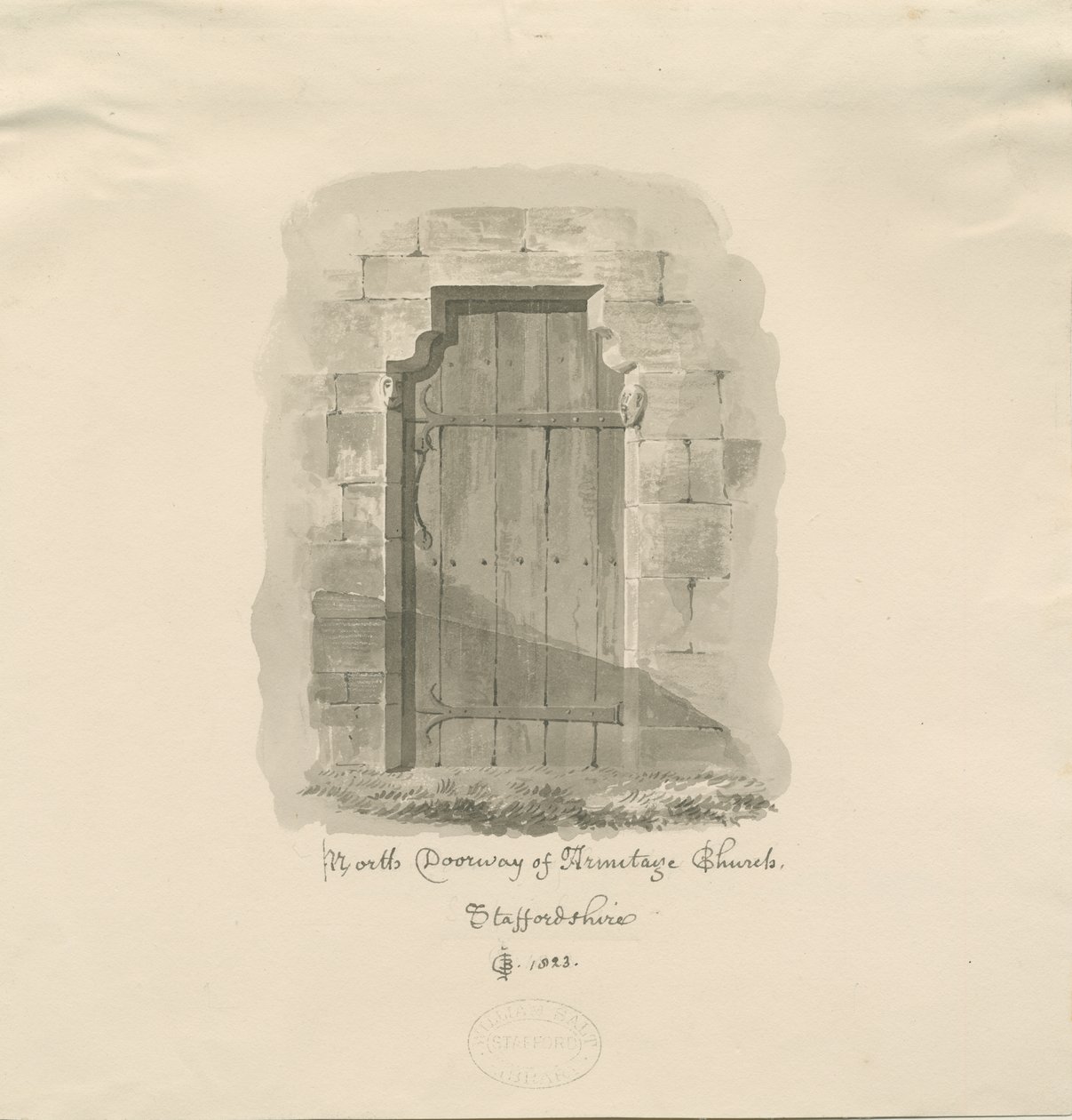 Kościół Armitage - North Doorway: rysunek w sepii , 1823 autorstwa John Chessell Buckler