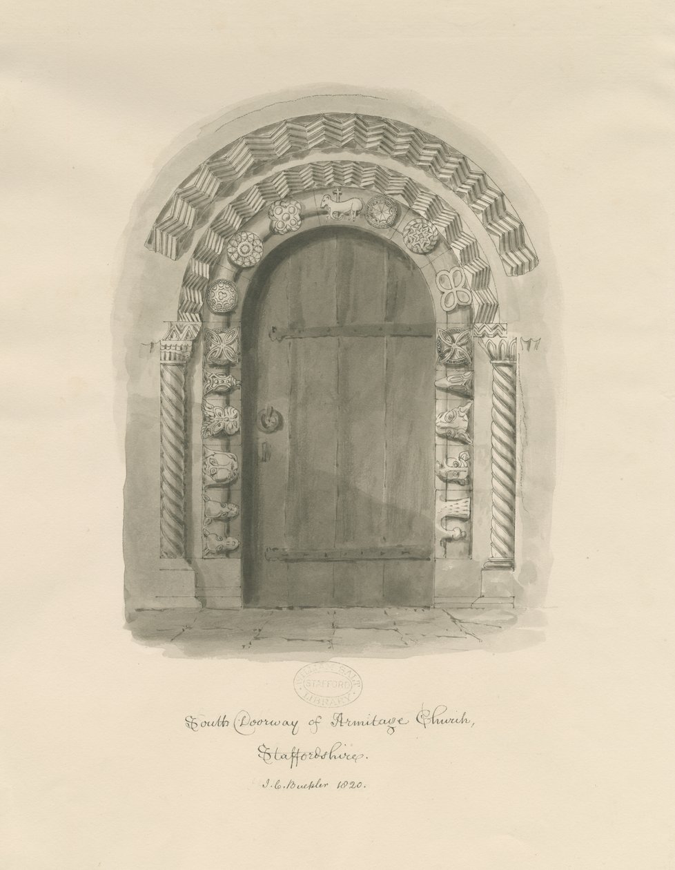 Armitage Church - South Doorway: rysunek w sepii autorstwa John Chessell Buckler