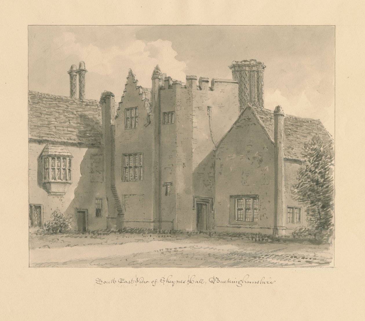 Buckinghamshire - Chenies Hall: rysunek w sepii, 1824 autorstwa John Chessell Buckler