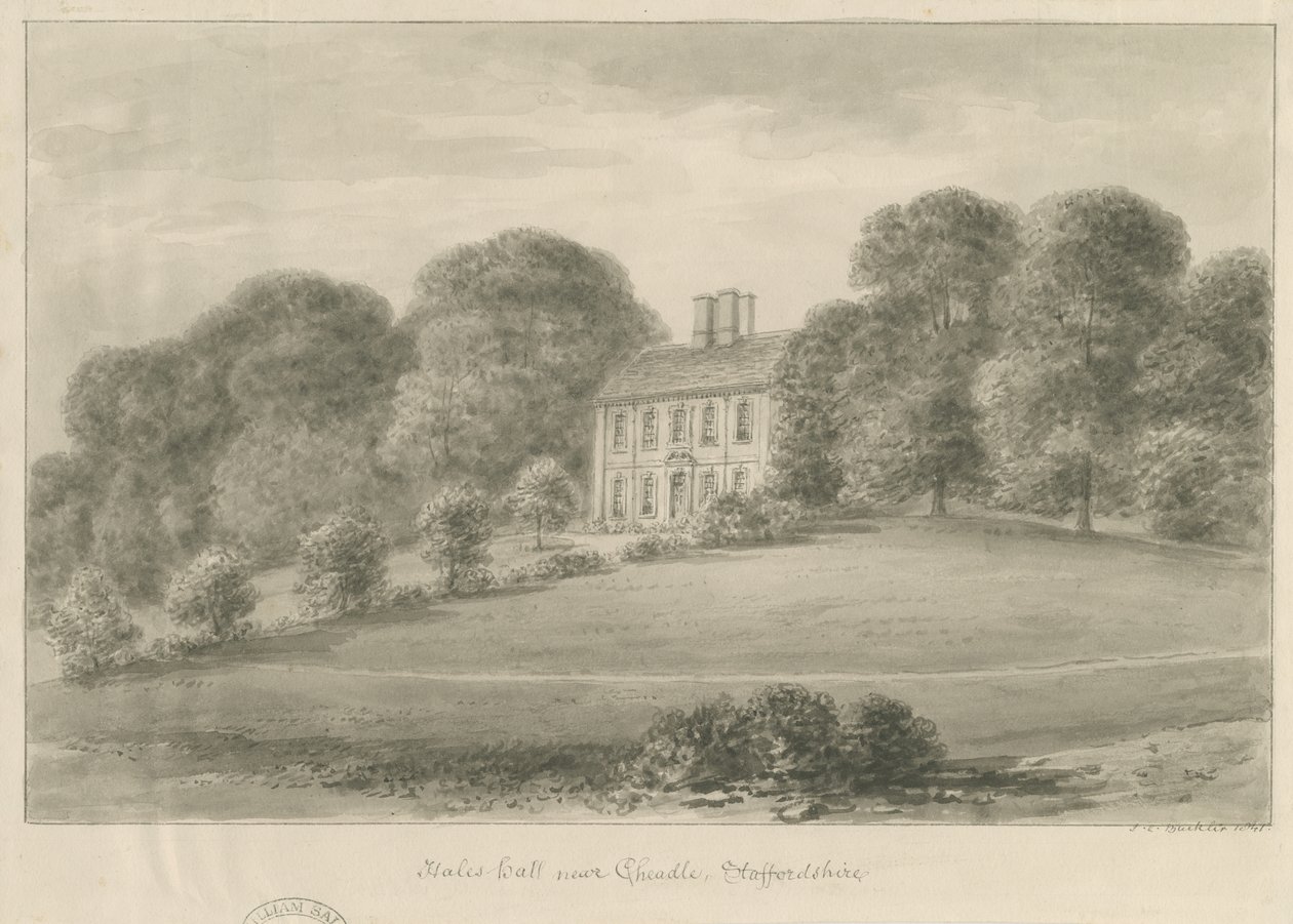 Cheadle - Hales Hall: rysunek w sepii, 1841 autorstwa John Chessell Buckler