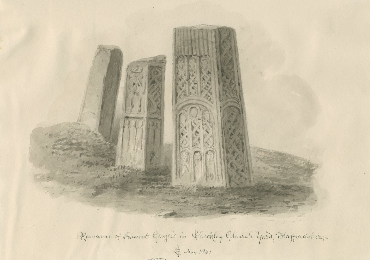 Checkley Church - Starożytne krzyże: rysunek w sepii autorstwa John Chessell Buckler