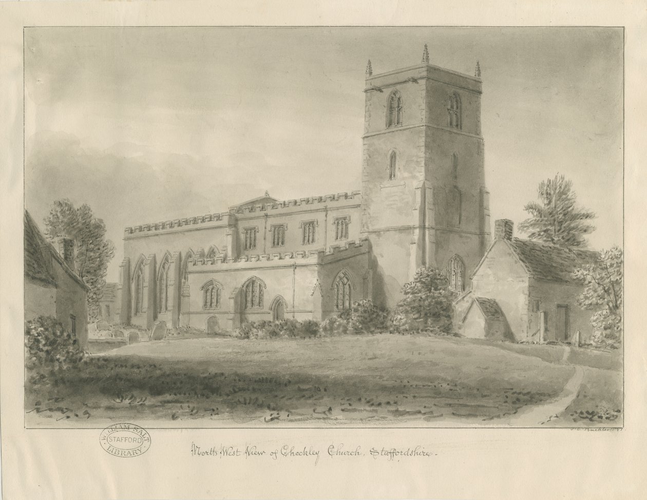 Checkley Church: rysunek w sepii autorstwa John Chessell Buckler