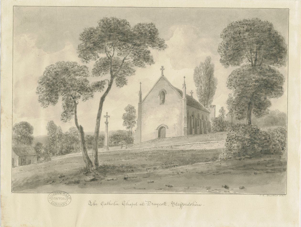 Cresswell – Katolicka kaplica Draycott-in-the-Maors: rysunek w sepii, 1841 autorstwa John Chessell Buckler
