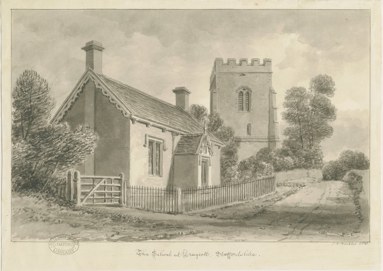 Draycott in the Moors - Szkoła : rysunek w sepii, 1841 autorstwa John Chessell Buckler