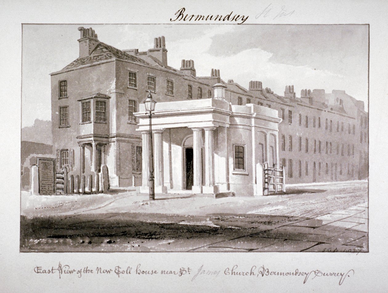 Widok od wschodu na nowy dom opłat drogowych w pobliżu kościoła św. Jakuba, Bermondsey, Londyn, 1827 r. autorstwa John Chessell Buckler