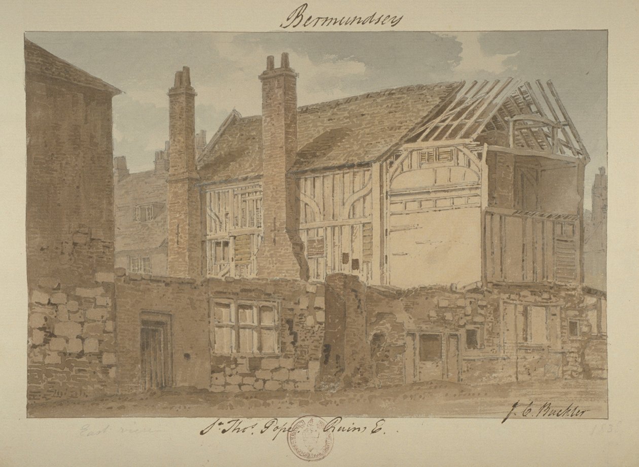 Widok wschodni ruin Bermondsey House, 1838 autorstwa John Chessell Buckler