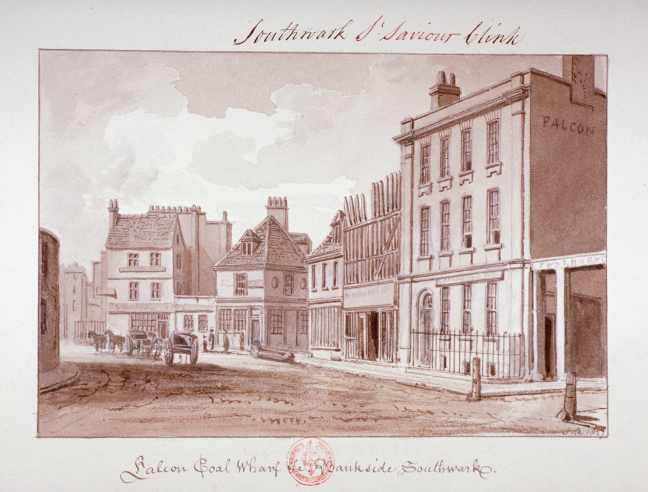 „Falcon Coal Wharf, Bankside, Southwark”, Londyn, 1827 autorstwa John Chessell Buckler