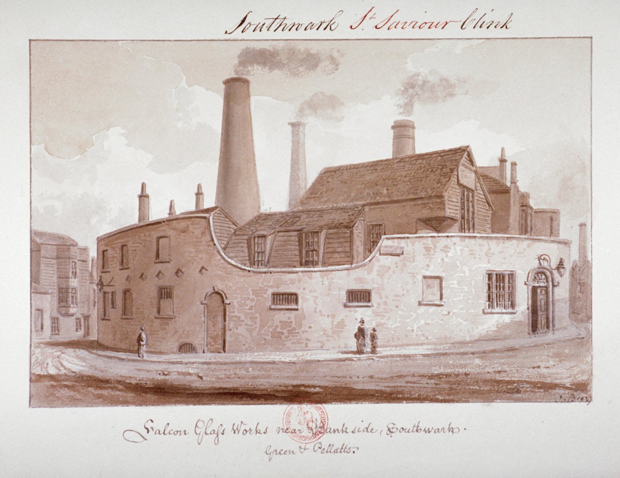 „Falcon Glass Works w pobliżu Bankside, Southwark”, Londyn, 1827 r. autorstwa John Chessell Buckler