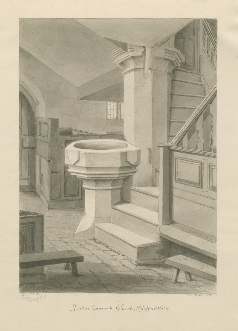Czcionka w kościele Cannock: rysunek w sepii, 1841 autorstwa John Chessell Buckler