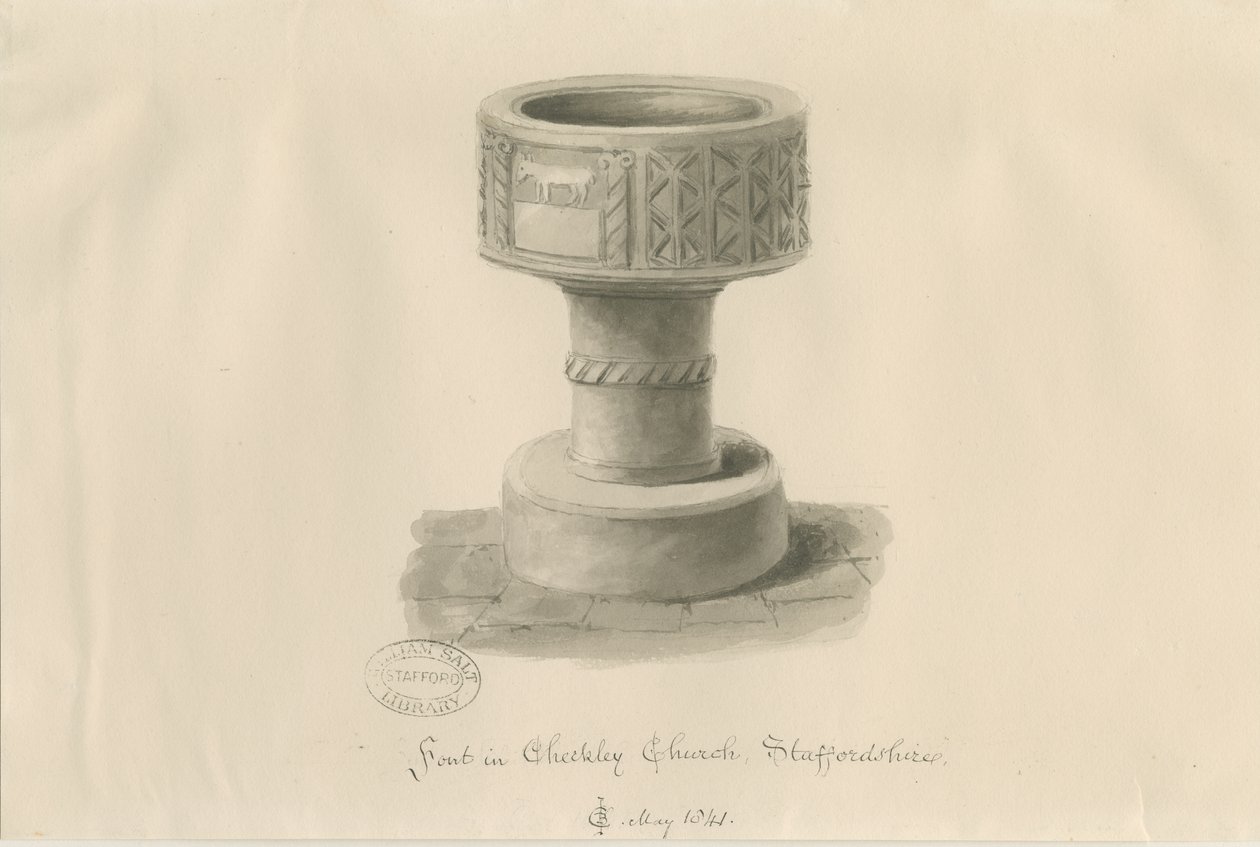 Czcionka w Checkley Church: rysunek w sepii, 1841 autorstwa John Chessell Buckler